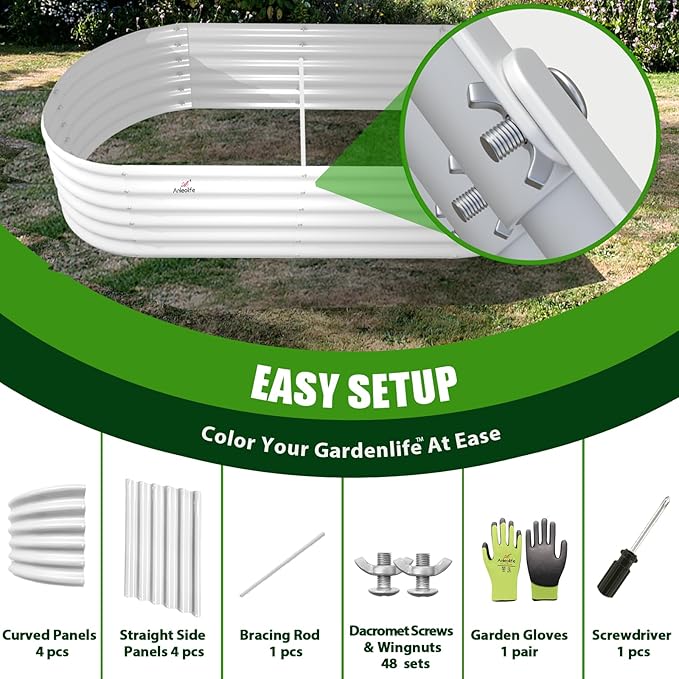 A ANLEOLIFE 6X2X1.5 ft Galvanized Raised Garden Beds Outdoor, Oval Round Metal Planter Box for Planting Vegetables Flowers Herb, Anti-Rust &amp; Easy-Setup, Antique White