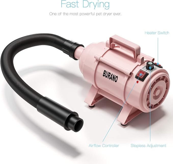 Burano Dog Dryer, High Velocity Pet Hair Dryer, 4.3HP Stepless Adjustable Speed Dog Hair Force Dryer for Dogs, Cats &amp; More, Powerful Pet Blower with Heater