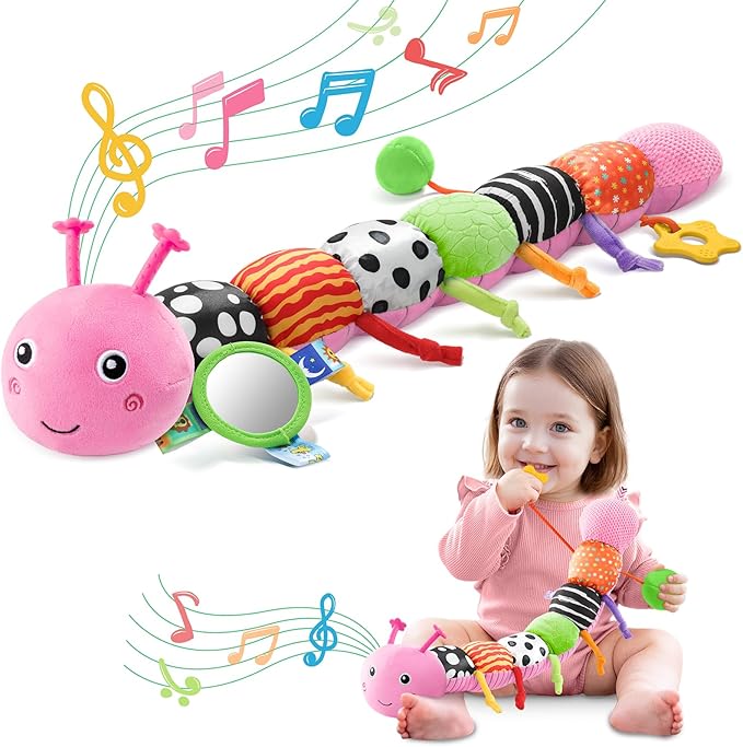 Baby Toys 0-6-12 Months,Musical Caterpillar Stuffed Animals Activity Infant Toys with Crinkle,Rattles,Mirror&amp;Pull String,Muti-Sensory Toys Gifts for Newborn Tummy Time,Pink,Knot prolegs
