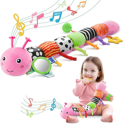 Baby Toys 0-6-12 Months,Musical Caterpillar Stuffed Animals Activity Infant Toys with Crinkle,Rattles,Mirror&amp;Pull String,Muti-Sensory Toys Gifts for Newborn Tummy Time,Pink,Knot prolegs