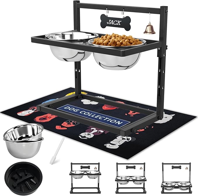 SHAINFUN Elevated Dog Bowls with Slow Feeder &amp; Spillproof Mat, Raised Dog Bowl Stand with 2 Stainless Steel Food Water Bowls, Adjustable Height Stand for Large Medium Breeds