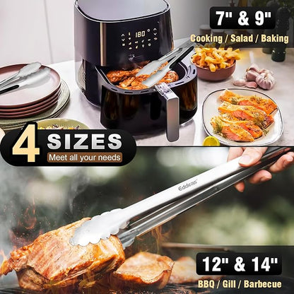 Grill Tongs - BBQ Tongs Heat Resistant 600 Degrees, Heavy Duty Metal, Perfect for Cooking, Grilling, Set of 4, 7",9",12" &amp; 14 inch Black