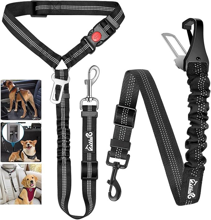Lukovee Dog Seatbelt Leash for Cars, 2 Pack Pet Safety Car Seat Belt with Adjustable Buckle &amp; Reflective Bungee, Connect Dog Harness in Vehicle Car Dogs Restraint Travel Daily Use (Black)