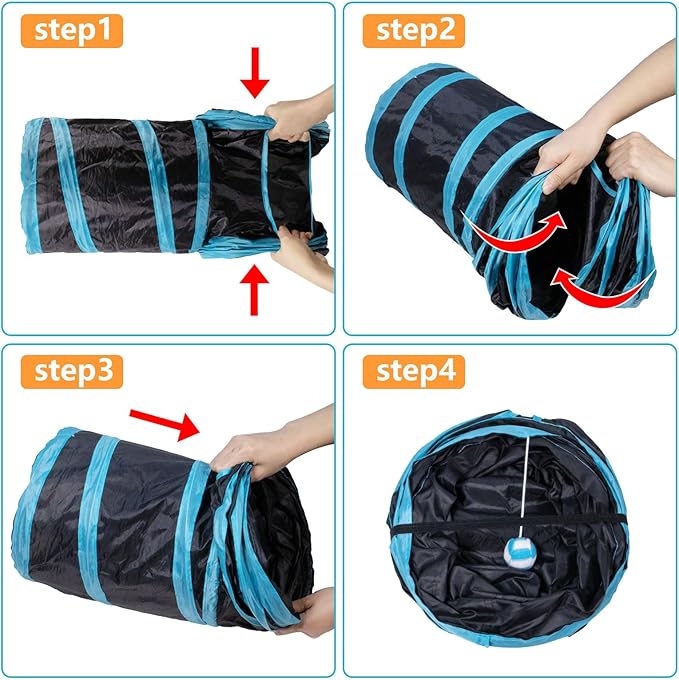 Cat Tunnel, 3 Way Cat Tunnels for Indoor Cats, Foldable Cat Tubes and Tunnels for Cats Kittens, Kitty Bored Peek Hole Toy Ball Cat, Puppy, Kitty, Kitten, Rabbit, Guinea Pigs (Blue &amp; Black)