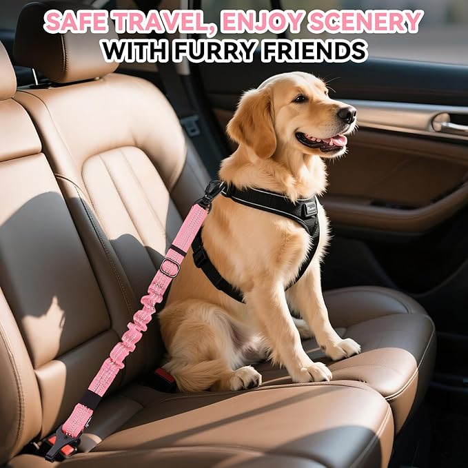 Pawaboo Dog Seatbelt for Car, 3-in-1 Dog Seat Belt Bungee, Shockproof Dogs Tether for Car with Buckle &amp; Hook Latch, Adjustable Reflective Dogs Cars Harness Leash with 360° Lockable Buckle, Pink