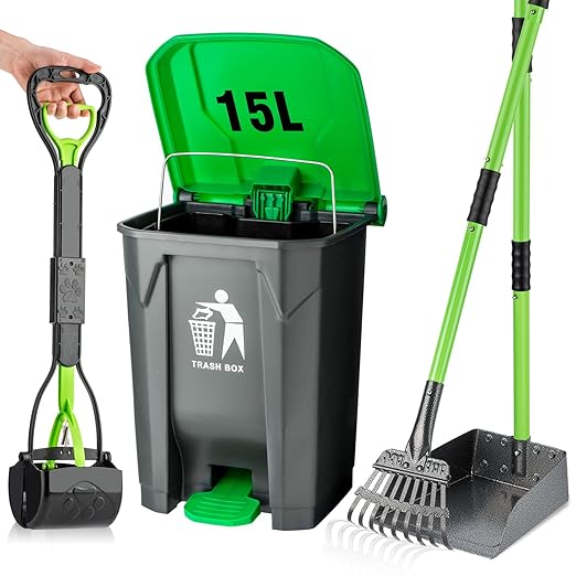 MXF Pooper Scooper Set - 28" Dog Pooper Scooper &amp; Long Handle Stainless Metal Tray&amp;Rake, 15 Litre Step Dog Poop Trash Can w/Removable Inner Bucket, 20 Waste Bags for Outdoors