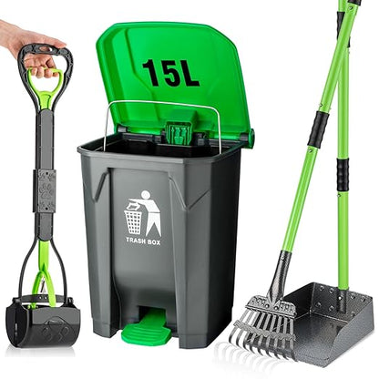MXF Pooper Scooper Set - 28" Dog Pooper Scooper &amp; Long Handle Stainless Metal Tray&amp;Rake, 15 Litre Step Dog Poop Trash Can w/Removable Inner Bucket, 20 Waste Bags for Outdoors