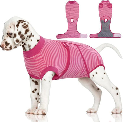 FUAMEY Recovery Suit for Dogs After Surgery,Soft Breathable Dog Bodysuit E-Collar &amp; Cone Alternative Surgical Suit,Male Female Dog Neuter Spay Suits Anti Licking Wounds Onesie Rose Stripes S