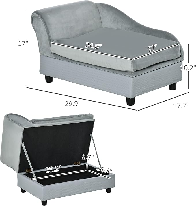 PawHut Luxury Fancy Dog Couch with Hidden Storage, Small Dog Sofa Bed with 2" Soft Foam, Modern Pet Furniture for Puppies &amp; Little Breeds, Pale Gray