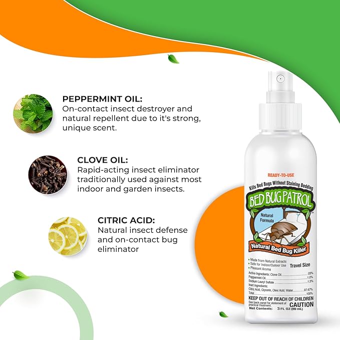 Natural Bed Bug Killer – 3 Pack (3oz Each) Travel Spray – Non-Toxic, TSA Safe, Child &amp; Pet Friendly Formula for Airbnb, Luggage, Hotels, Rideshare, and Work Trips