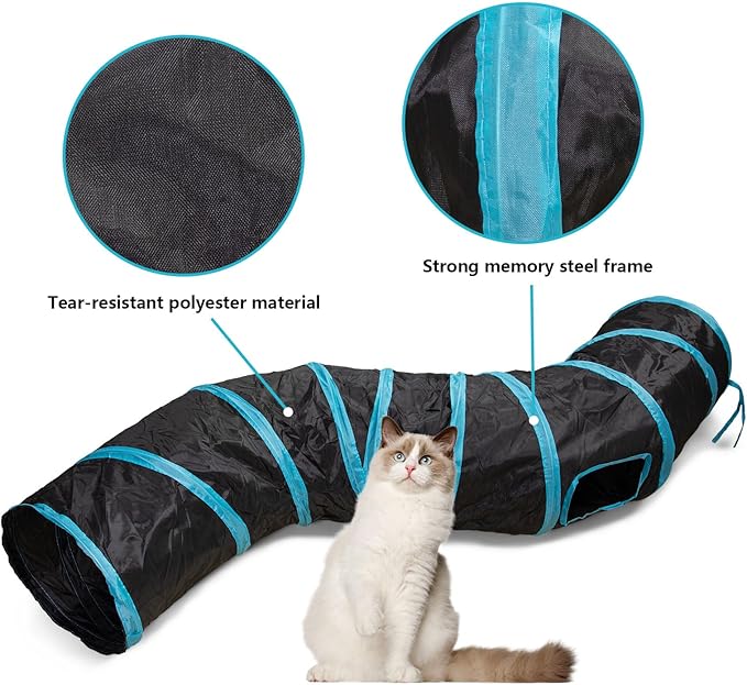 Cat Tunnel, S-2-Way Cat Tunnels for Indoor Cats, Interactive Toy Maze Cat House, Foldable Cat Tubes and Tunnels for Cats Kittens, Puppies, Kitty, Kitten, Rabbit, Guinea Pigs (Blue &amp; Black)