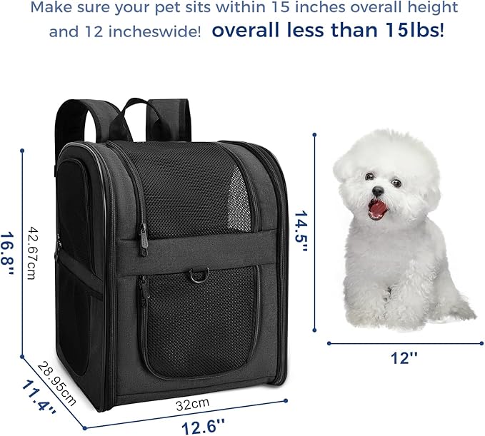 Apollo Walker Dog &amp; Cat Carrier Backpack for 4-15lb Pets - Ventilated Safe Design with Padded Back Support, Breathable Mesh Pet Backpack for Hiking, Travel, Outdoor (Black)