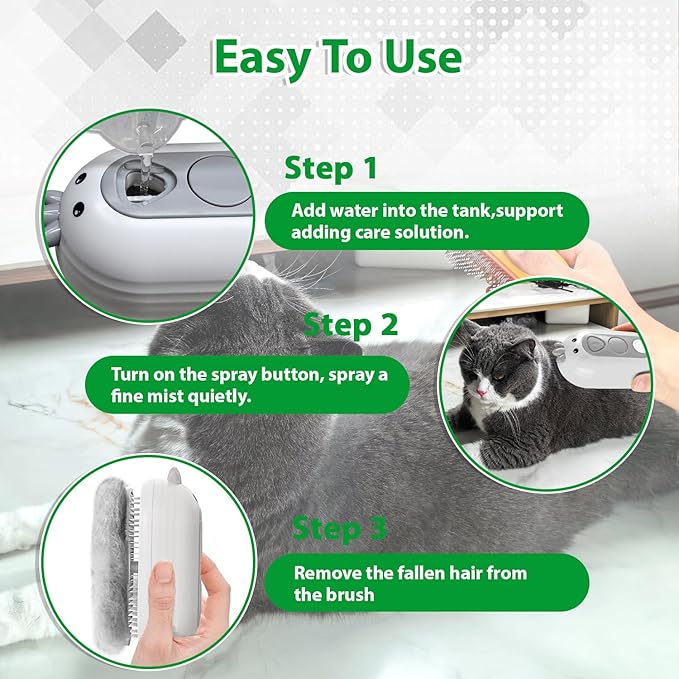 Cat Steam Brush with Release Button, 3 in 1 Rechargeable Pet Spray Water Comb for Long &amp; Short Hair Removal, Self Cleaning Slicker Vapor Brush for Indoor Cats Dogs Rabbits Shedding Grooming