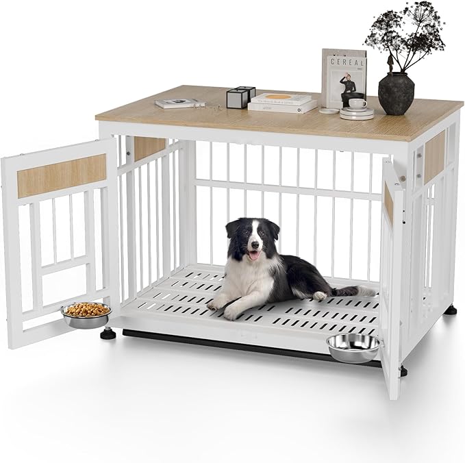 Dog Crate Furniture End Table, 38 Inch Hidden Kennel Cabinet with Removable Tray, Thickened Metal Frame Dog Cage, Dual-Purpose Pet House &amp; Nightstand for Living Room