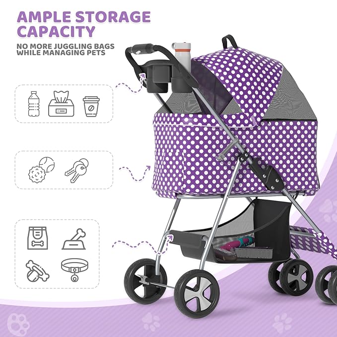 Magshion Foldable Pet Stroller, 3-in-1 Dog Travel Jogger with Detachable Carrier, Cup Holder, Storage Basket, Folding Carrier for Small/Medium Dogs &amp; Cats Up to 33 lbs, Purple Polka Dots