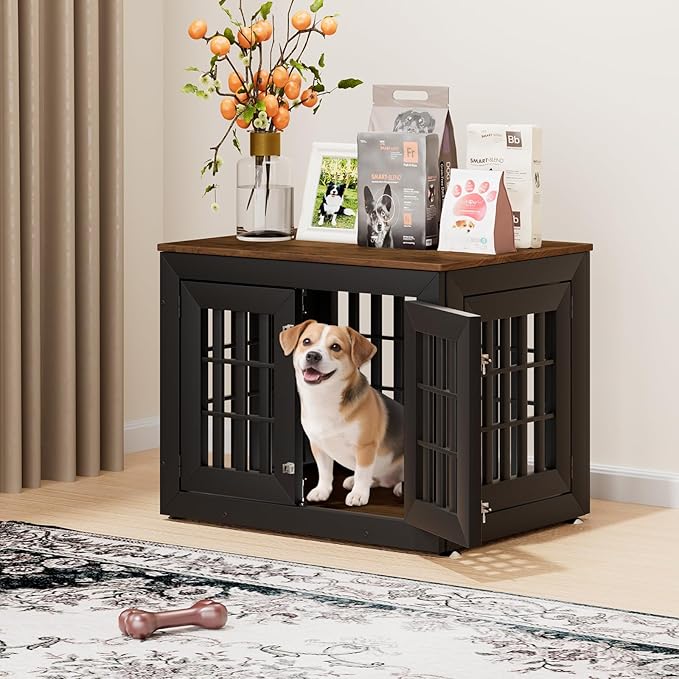 32" Heavy Duty Dog Crate Furniture for Small,Medium and Large Dogs,Rustic Wooden Dog Cage Kennel Indoor Furniture with Waterproof Top,Decorative Pet House Side End Table (Black &amp; Wood)