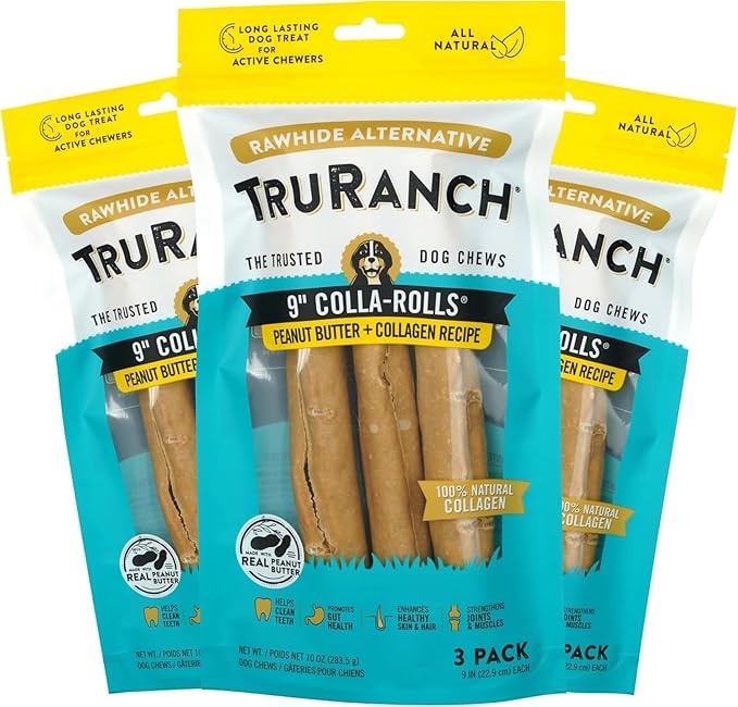 Collagen Rolls - 9" Collagen Rolls for Dogs - Long Lasting Healthy Joint Support - Rawhide Alternative - Skin &amp; Coat Health - Made with Real Peanut Butter, Value Pack, 3 Bags, 9 Count