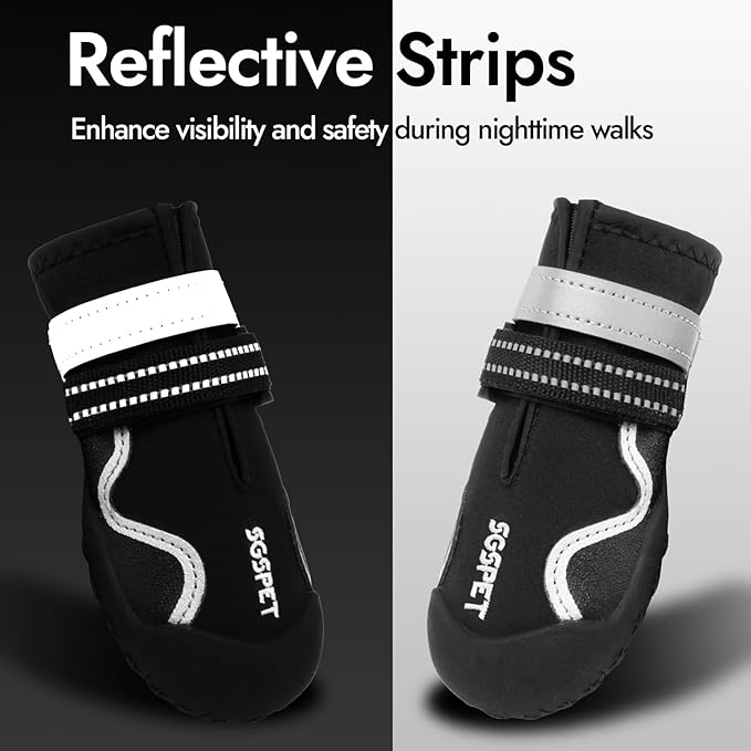 Dog Shoes, Waterproof Dog Boots &amp; Paw Protectors with Anti-Slip Sole, 4pcs/Set Pet Dog Booties, Reflective Dog Shoes for Small Medium Large, Winter Snowy Summer Hot Pavement (Black, 4