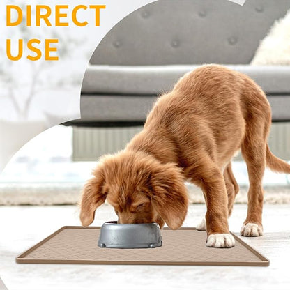 Ptlom Silicone Dog Food Mat Waterproof Pet Feeding Mat with High-Lips, Anti-Slip Dog Bowl Mat for Food &amp; Water, Non-Spill Puppy Feeding Tray for Small, Medium &amp; Large Dogs and Cats, Taupe