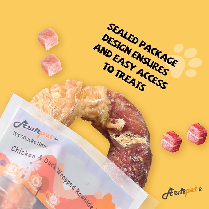 ASMPET Dog Treats Chews, Chicken &amp; Duck Wrapped Rawhide Donuts Dental Care Chews for Small Medium Large Breed Aggressive Chewers (Pack of 4)