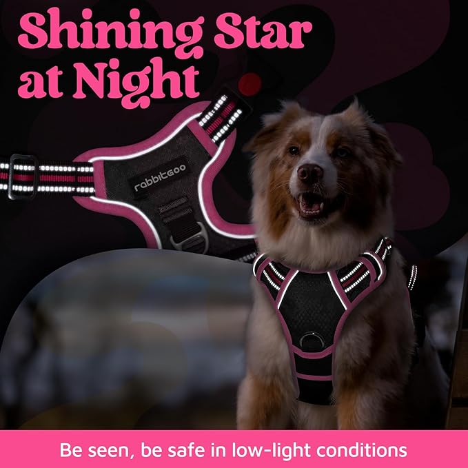 rabbitgoo Dog Harness Medium Sized, No Pull Dog Vest with 3 Buckles, Adjustable Soft Padded Pet Harness with Easy Control Handle and Reflective Strips, Black &amp; Rose Pink, M