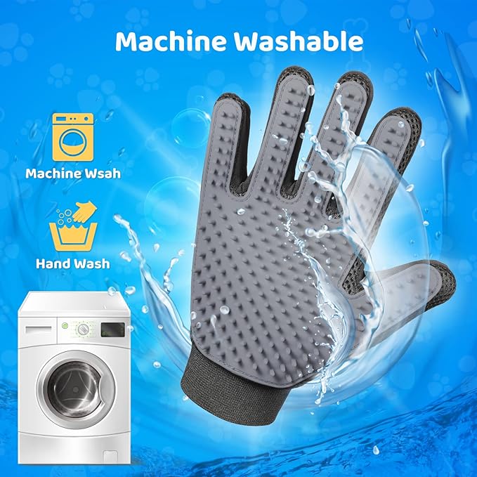 Upgrade Version Pet Grooming Glove - Gentle Deshedding Brush Glove - Efficient Pet Hair Remover Mitt - Enhanced Five Finger Design - Perfect for Dog &amp; Cat with Long &amp; Short Fur - 1 Pair (Gray)