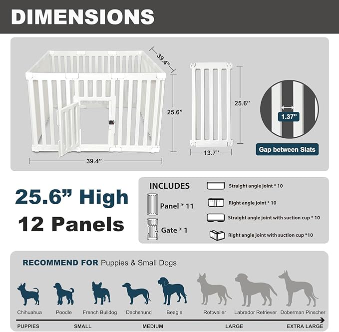 Dog Playpen with Door, 12 Panels Puppy Playpen, 25.6” H Dog Pen for Small Cats and Dogs, Pet Fence for Indoor &amp; Outdoor, Non-Slip Pet Gate Made of Strong Plastic, White