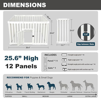 Dog Playpen with Door, 12 Panels Puppy Playpen, 25.6” H Dog Pen for Small Cats and Dogs, Pet Fence for Indoor &amp; Outdoor, Non-Slip Pet Gate Made of Strong Plastic, White