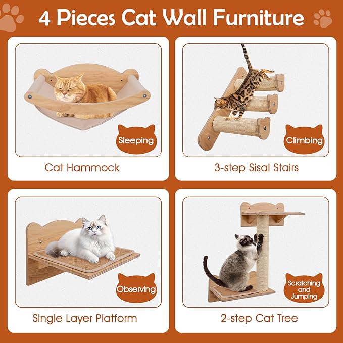 Tangkula Cat Wall Shelves, Wall Mounted 4pcs Kitten Furniture Set with Hammock, 2-Step Kitty Tree, Perch, Non-Slip Carpet Mat, Sisal Stairs &amp; Scratching Posts, Wooden Cat Climber Steps (Natural)