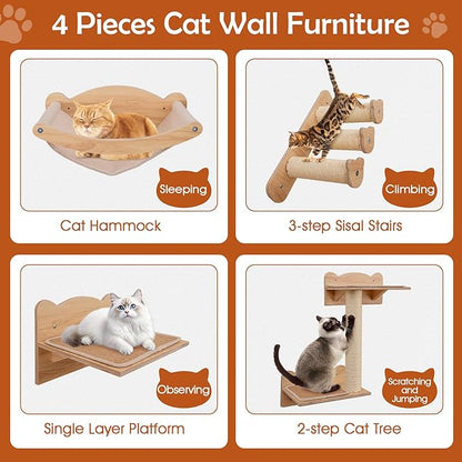 Tangkula Cat Wall Shelves, Wall Mounted 4pcs Kitten Furniture Set with Hammock, 2-Step Kitty Tree, Perch, Non-Slip Carpet Mat, Sisal Stairs &amp; Scratching Posts, Wooden Cat Climber Steps (Natural)