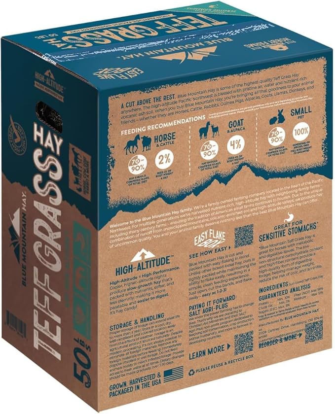 Blue Mountain Hay High-Altitude Teff Grass Hay, 50lb Easy Flake Box - Low NSC &amp; High Fiber for Easy Digestion and Weight Management - Ideal for Horses, Goats, Rabbits, Guinea Pigs &amp; Other Small Pets