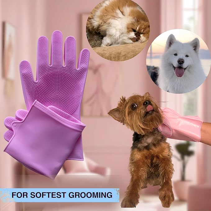 Grooming Gloves for Cats &amp; Dogs - Pet Hair Removal Glove, Silicone Brush for Dog or Cat Washing, Puppy Bath Supplies for Shedding Cleaning Bathing &amp; Massage, Fur Remover Mitt, Shower Shampoo Scrub