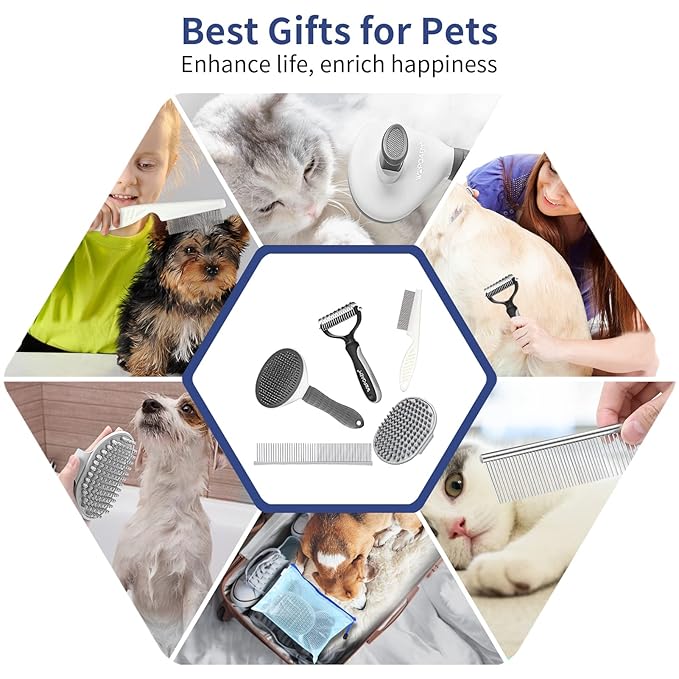 5 in 1 Dog Grooming Kit - Self-Cleaning Slicker Brush for Shedding Short Long Haired Dogs &amp; Cats, Includes Pet Comb, Flea Comb, Bath Brush, Undercoat Rake - Complete Fur Care Set - Gray