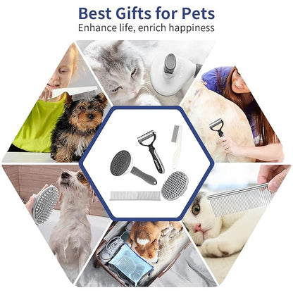 5 in 1 Dog Grooming Kit - Self-Cleaning Slicker Brush for Shedding Short Long Haired Dogs &amp; Cats, Includes Pet Comb, Flea Comb, Bath Brush, Undercoat Rake - Complete Fur Care Set - Gray