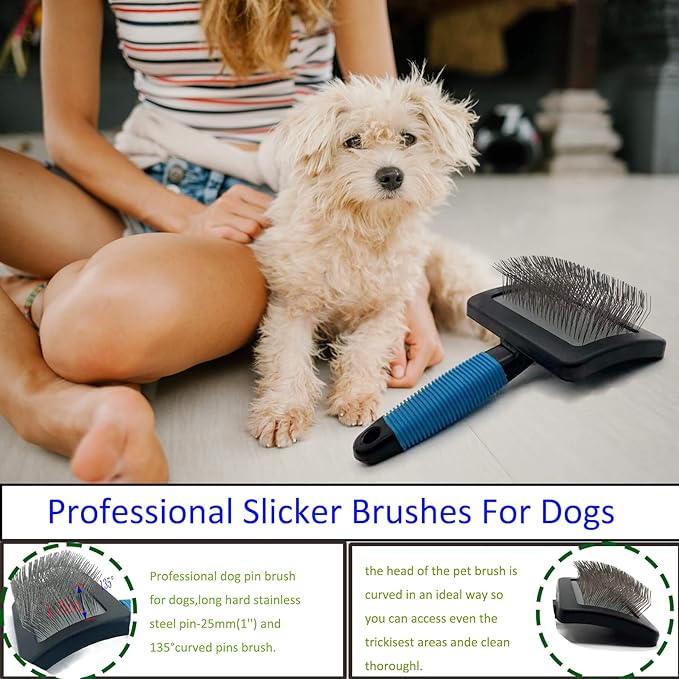 Dog Brush for Long Haired Dogs - Large Firm Slicker Brushes for Poodles, Goldendoodles &amp; Shedding Grooming - Soft Massage Stainless Steel Pins (25mm/1") - Gentle Pet Grooming Wire