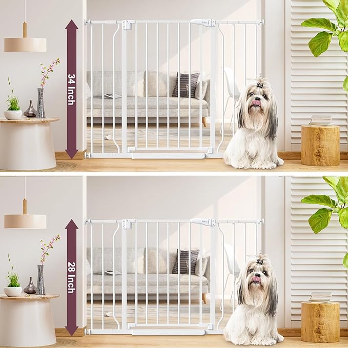 34" Extra Tall Baby Gate for Stairs, Auto Close Stroller Friendly Dog Gate Indoor for Doorways, Pressure Mounted 29"-45" W Baby Gate, Easy Walk Through Gate for Children &amp; Pets, White
