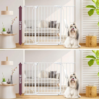 34" Extra Tall Baby Gate for Stairs, Auto Close Stroller Friendly Dog Gate Indoor for Doorways, Pressure Mounted 29"-45" W Baby Gate, Easy Walk Through Gate for Children &amp; Pets, White