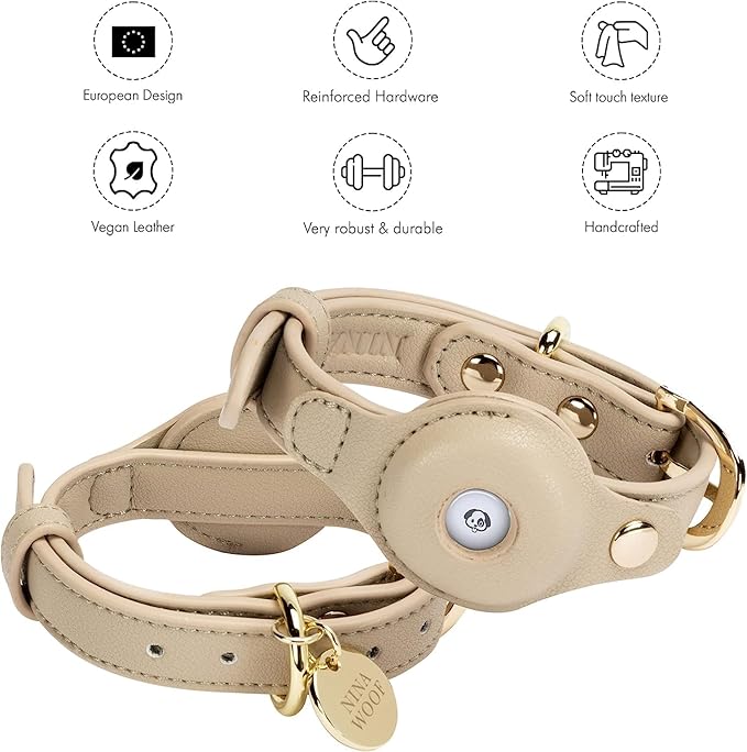 Cupertino Dog Collars, Harnesses &amp; Leashes Made from Vegan Leather with Dog Tracker Device Holder Adjustable Dog Collar (Medium, Beige)
