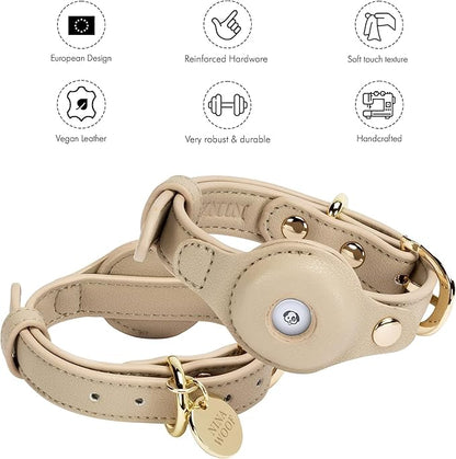Cupertino Dog Collars, Harnesses &amp; Leashes Made from Vegan Leather with Dog Tracker Device Holder Adjustable Dog Collar (Medium, Beige)