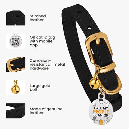 BRONZEDOG Leather Cat Collar with Removable Bells Non Breakaway Kitten QR Tag for Girl Boy (7" - 9" for Cats, Black &amp; Gold)