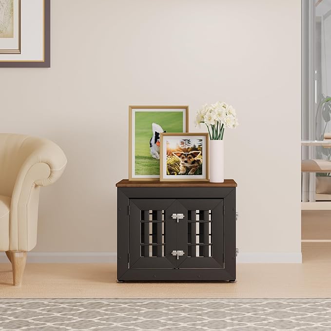 26" Heavy Duty Dog Crate Furniture for Small,Medium and Large Dogs,Rustic Wooden Dog Cage Kennel Indoor Furniture with Waterproof Top,Decorative Pet House Side End Table (Black &amp; Wood)