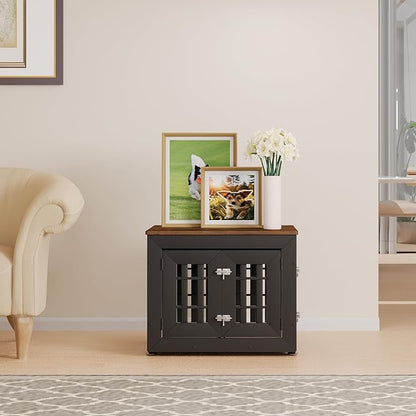 26" Heavy Duty Dog Crate Furniture for Small,Medium and Large Dogs,Rustic Wooden Dog Cage Kennel Indoor Furniture with Waterproof Top,Decorative Pet House Side End Table (Black &amp; Wood)
