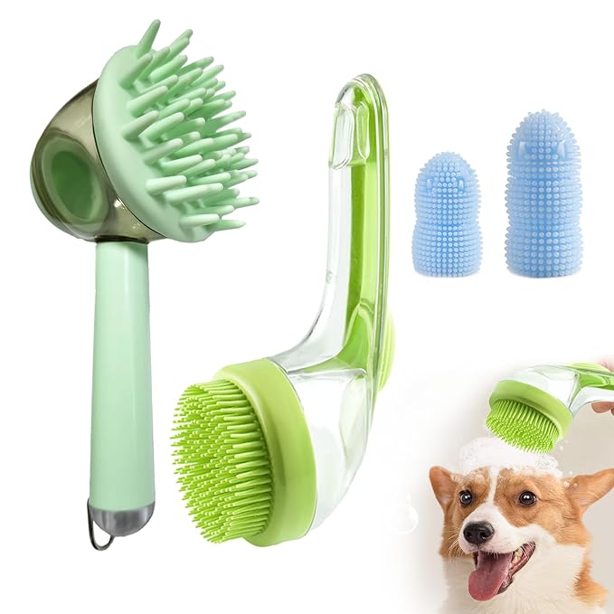 (4PCS) Pet Bath Brush,2025 New 2 in 1 Dog Bath Brush,Dog Shampoo Brush Bubble Maker,Bathing Dogs Grooming Massage Brush for Long &amp; Short Haired Dogs &amp; Cats,with Built-in Shampoo Dispenser(Green)
