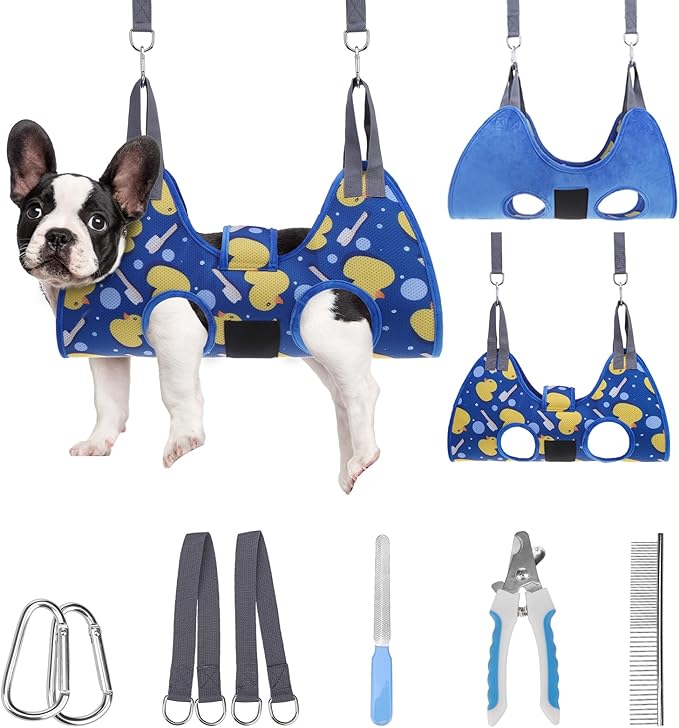 PAWCHIE Dog Grooming Hammock Harness for Dogs &amp; Cats with Pet Nail Clipper Trimmer - Cat Hanger Sling for Trimming Clipping Nails- Dog Hammock Restraint Bag for Small Medium Large Dog, Navy Blue S