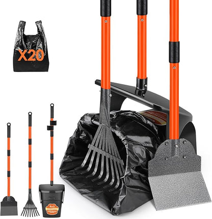 SlowTon Dog Pooper Scooper - 37.4" Long Handle Adjustable Metal Swivel Bin &amp; Rake &amp; Spade Kit with 20 Waste Bags, Portable Pooper Scooper for Gravel Lawn Grass, Suit for Small Medium Large Dog
