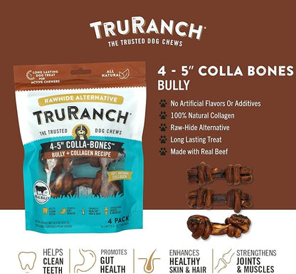 4-5" Collagen Bones, Bully - Collagen Dog Bones - Long Lasting Healthy Joint Support Dog Treat - Rawhide Alternative - Skin &amp; Coat Health, 1 Bag, 4 Count
