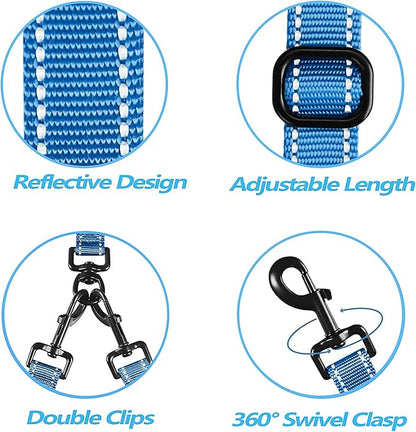 PetBonus Double Dog Leash, No Tangle Dual Leash, Reflective Walking Training Lead, 4 Comfortable Padded Handles for 2 Dogs with Collapsible Bowl and Waste Bags (Light Blue, Large)