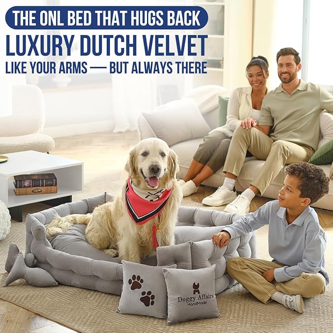 Luxury Dog Bed Chesterfield – Handcrafted Velvet Throne for Dogs | Joint Support, Calming &amp; Temp-Regulating Comfort | Durable 5+ Years, Anti-Claw, Washable 100+ Times – XL, Grey
