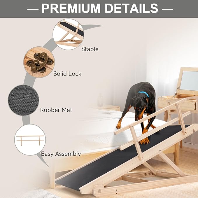 ABORON Antislip Wooden Dog Ramp for High Bed Couch Car, 5-Level Adjustable Folding Pet Ramp for Small &amp; Large Old Dogs &amp; Cats, 17.7" Extra Wide 51" Long, Rubber Mat, Supports up to 200 lbs