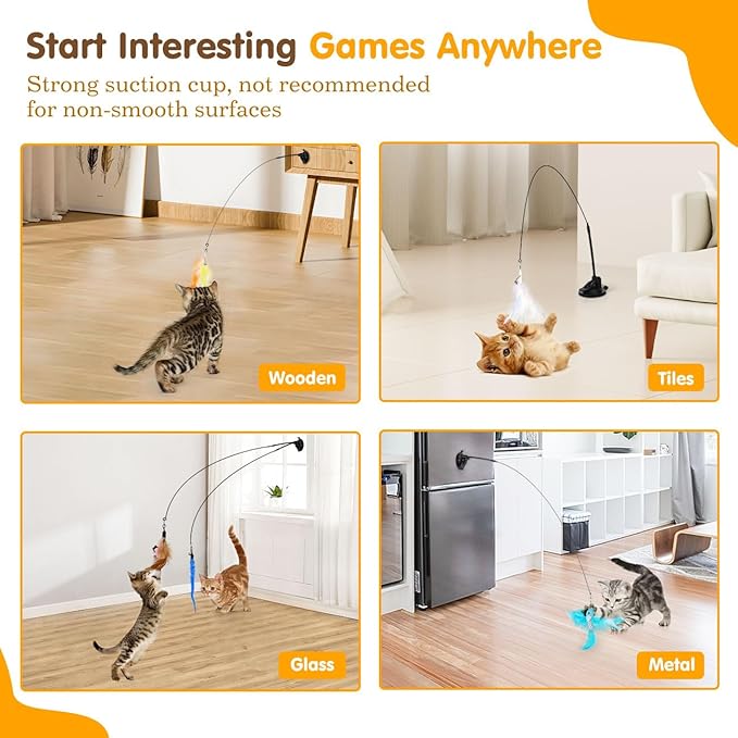 Pawaboo Cat Feather Toys, Interactive Cat Wand Toy with 2-Slot Super Suction Cup, Detachable 2 PCS Spring Cat Wand &amp; 7 PCS Cat Teaser Replacement with Bells, Funny Kitty Toys for Indoor Kittens Play